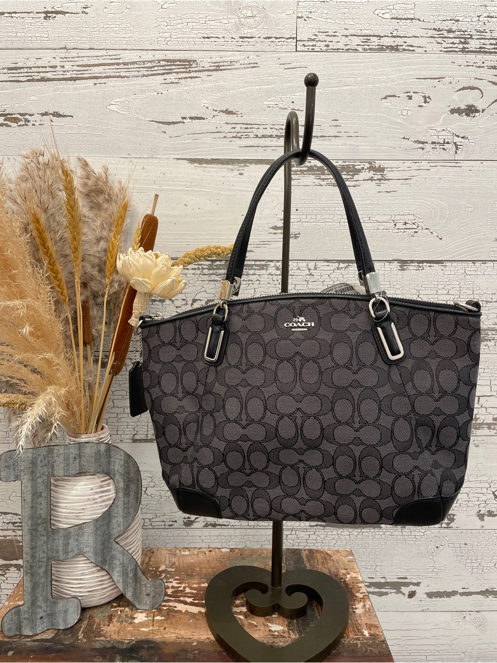Coach Jacard Black and Charcoal Signature Tote